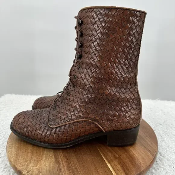 J. Peterman Boots Womens 7.5 Brown Leather Weaved Granny Victorian Academia - Picture 7 of 16
